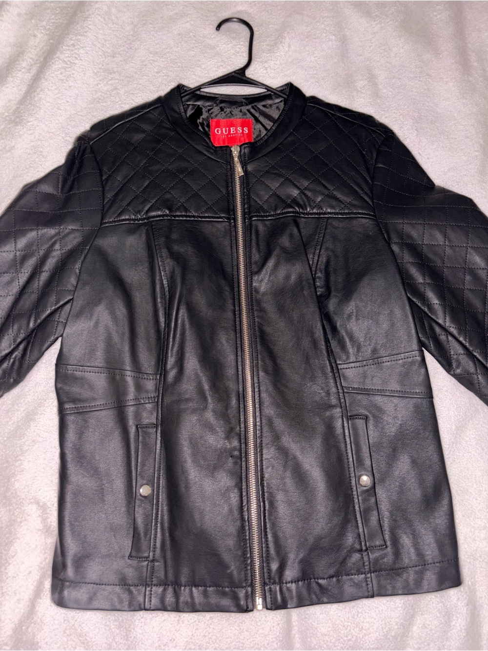 GUESS Black Quilted Faux Leather Bomber Jacket with Silver Zipper